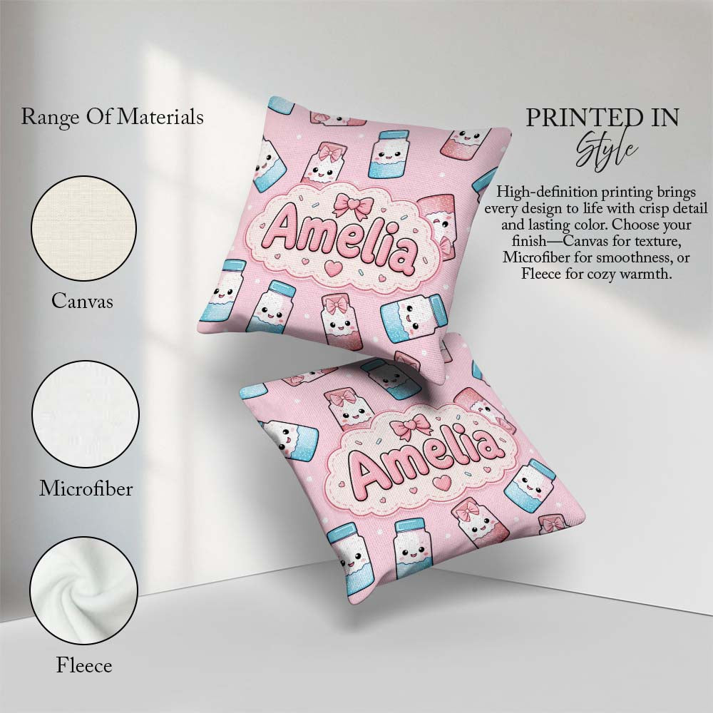 Custom Name Kawaii Sugar Jar Bottles with Glitter Sprinkles Pink Square Filled Cushion Throw Pillow Sofa Bed Home Decor Zip Washable UK Made
