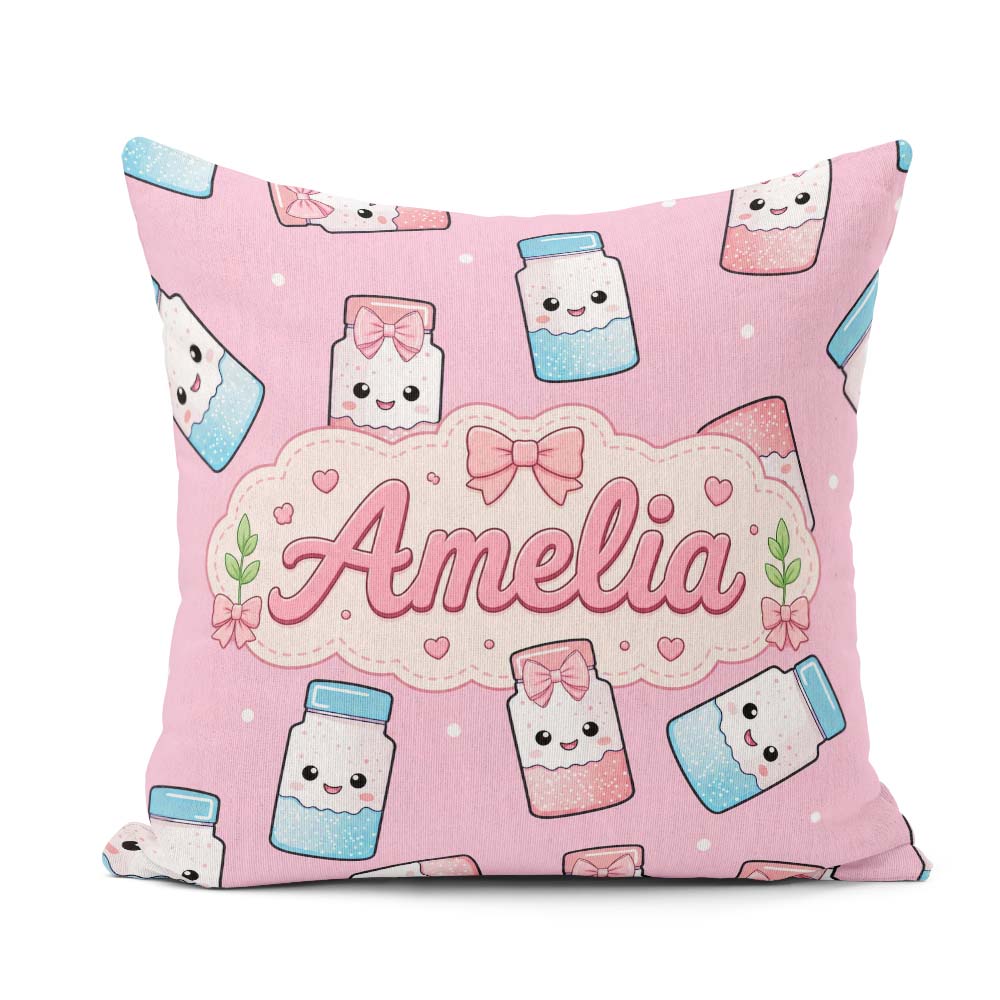 Custom Name Kawaii Sugar Jar Bottles with Glitter Sprinkles Pink Square Filled Cushion Throw Pillow Sofa Bed Home Decor Zip Washable UK Made