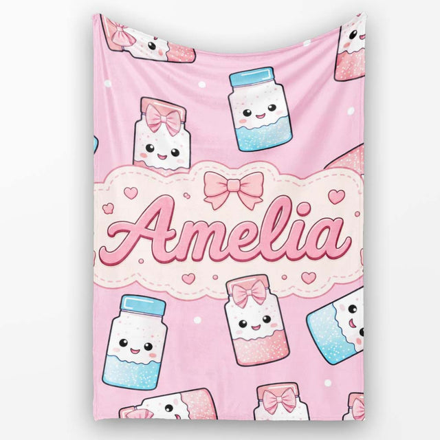 Cute Kawaii Sugar Jar Bottles with Glitter Sprinkles Pink  Personalised Custom Name Super Soft Fleece Blanket Bed Sofa Throw