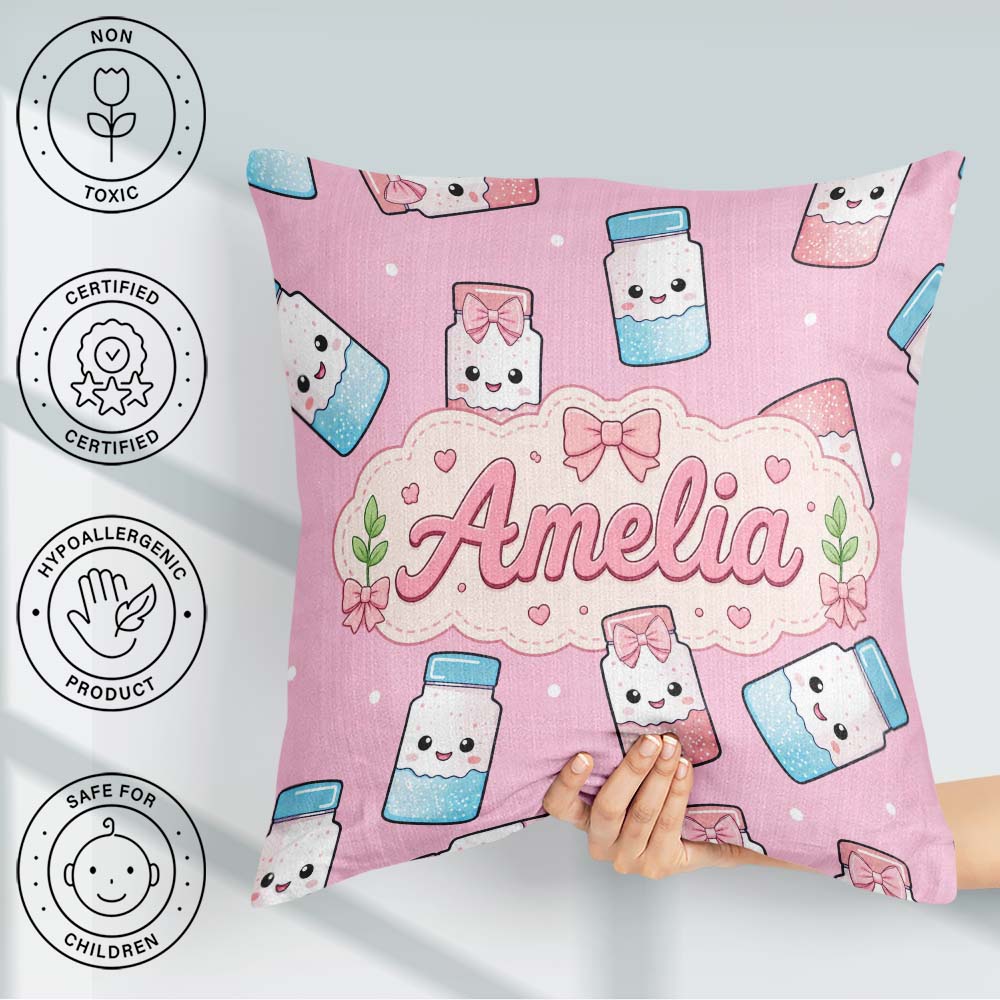 Custom Name Kawaii Sugar Jar Bottles with Glitter Sprinkles Pink Square Filled Cushion Throw Pillow Sofa Bed Home Decor Zip Washable UK Made