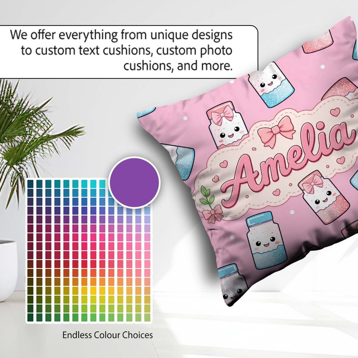 Custom Name Kawaii Sugar Jar Bottles with Glitter Sprinkles Pink Square Filled Cushion Throw Pillow Sofa Bed Home Decor Zip Washable UK Made