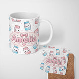 Personalized Custom Name Cute Kawaii Sugar Jar Bottles with Glitter Sprinkles Grey 11oz Ceramic Coffee Tea Mug White Large Handle