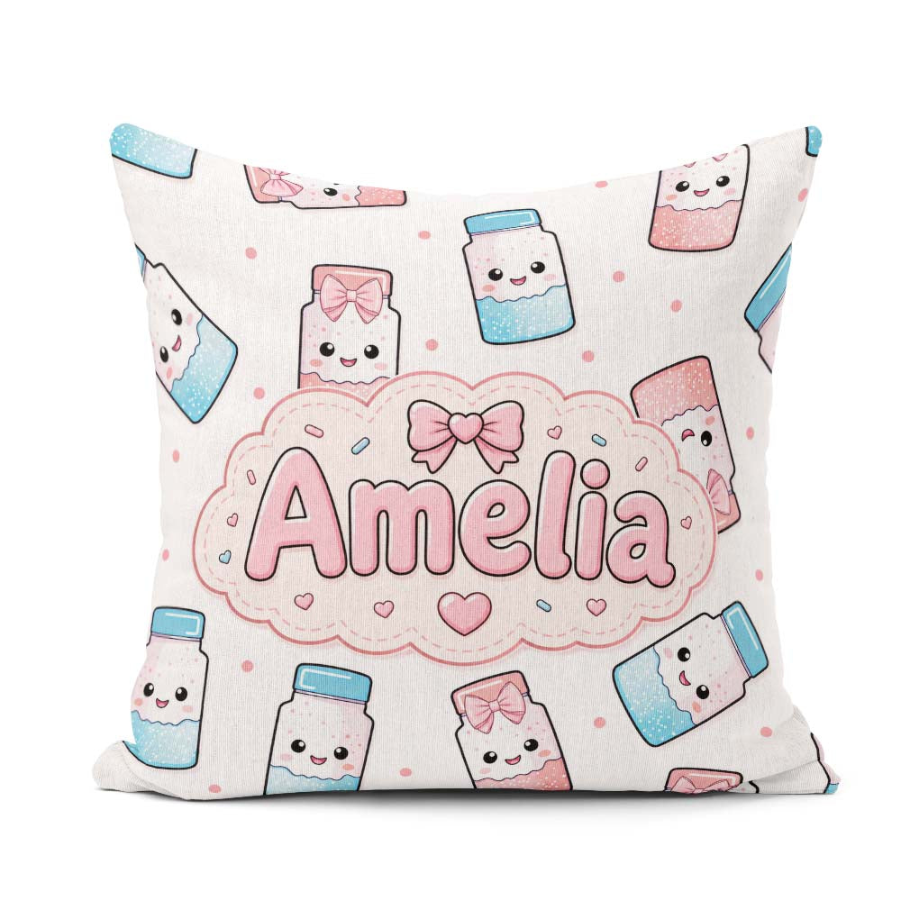 Custom Name Kawaii Sugar Jar Bottles with Glitter Sprinkles Grey Square Filled Cushion Throw Pillow Sofa Bed Home Decor Zip Washable UK Made