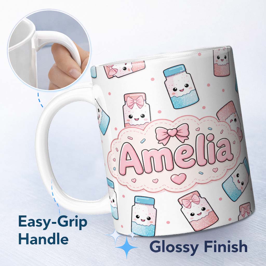 Personalized Custom Name Cute Kawaii Sugar Jar Bottles with Glitter Sprinkles Grey 11oz Ceramic Coffee Tea Mug White Large Handle