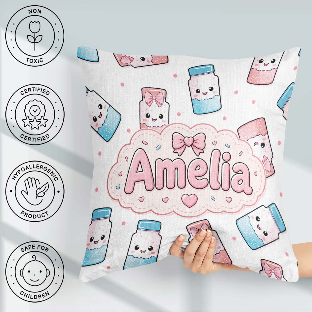 Custom Name Kawaii Sugar Jar Bottles with Glitter Sprinkles Grey Square Filled Cushion Throw Pillow Sofa Bed Home Decor Zip Washable UK Made