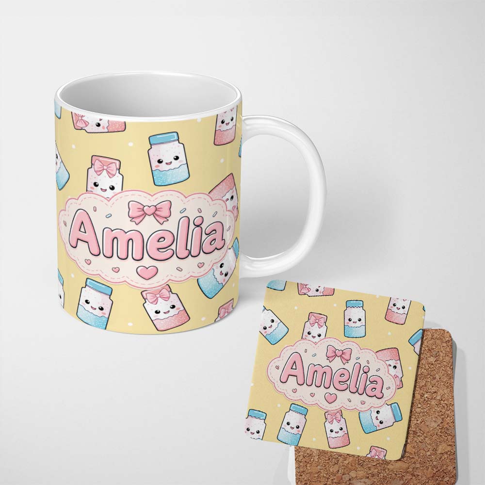 Personalized Custom Name Cute Kawaii Sugar Jar Bottles with Glitter Sprinkles Yellow 11oz Ceramic Coffee Tea Mug White Large Handle