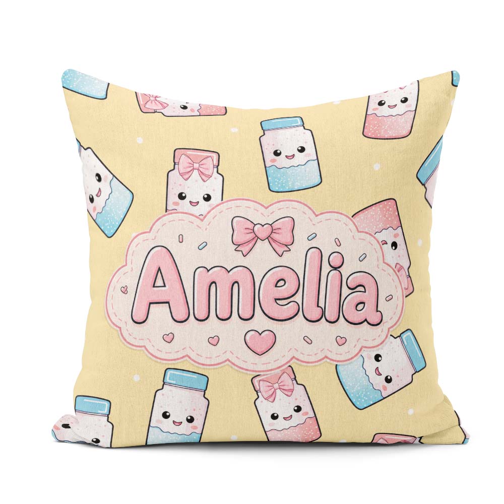 Custom Name Cute Kawaii Sugar Jar Bottles with Glitter Sprinkles Square Filled Cushion Throw Pillow Sofa Bed Home Decor Zip Washable UK Made