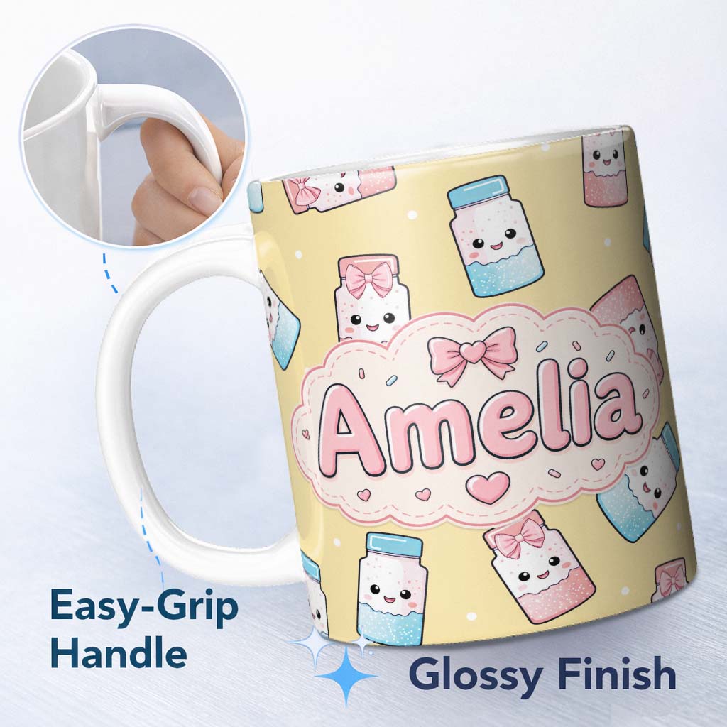 Personalized Custom Name Cute Kawaii Sugar Jar Bottles with Glitter Sprinkles Yellow 11oz Ceramic Coffee Tea Mug White Large Handle