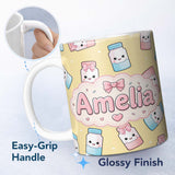 Personalized Custom Name Cute Kawaii Sugar Jar Bottles with Glitter Sprinkles Yellow 11oz Ceramic Coffee Tea Mug White Large Handle