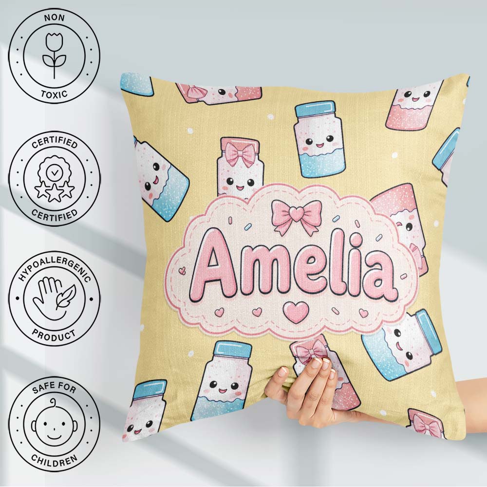Custom Name Cute Kawaii Sugar Jar Bottles with Glitter Sprinkles Square Filled Cushion Throw Pillow Sofa Bed Home Decor Zip Washable UK Made