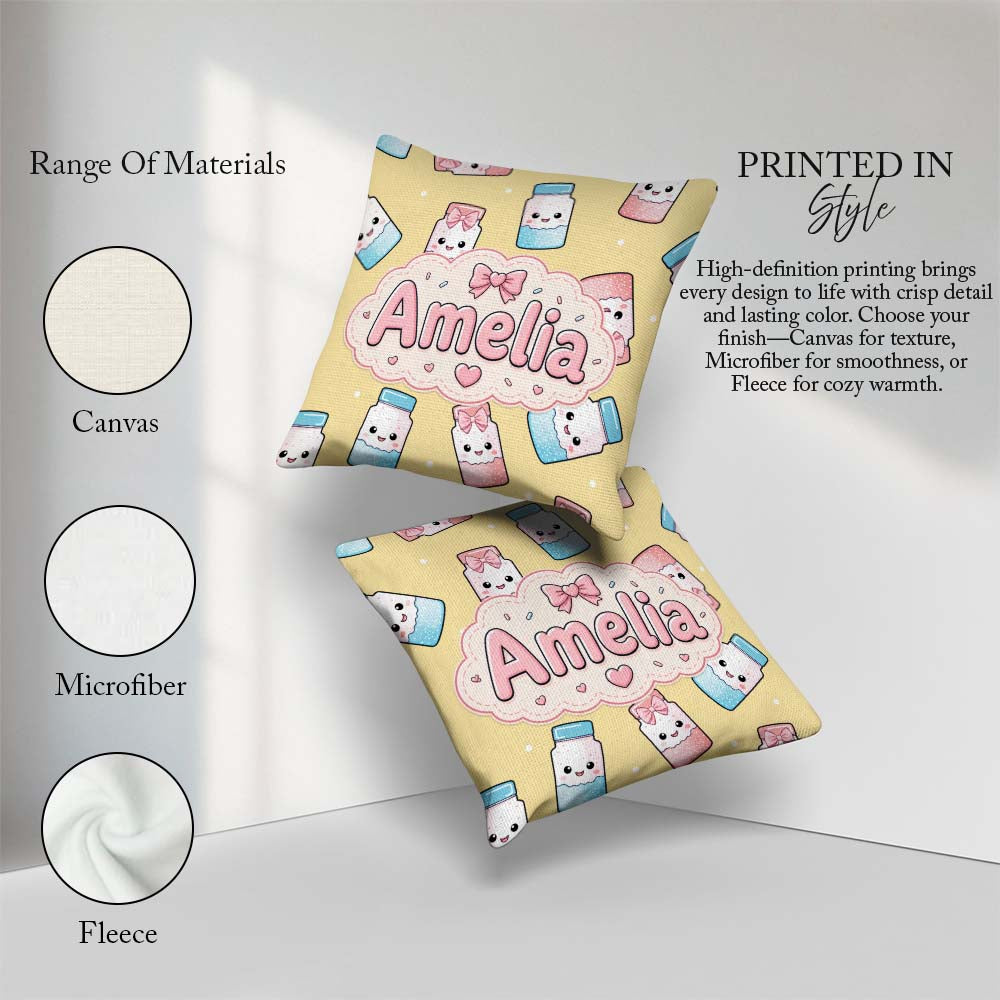 Custom Name Cute Kawaii Sugar Jar Bottles with Glitter Sprinkles Square Filled Cushion Throw Pillow Sofa Bed Home Decor Zip Washable UK Made