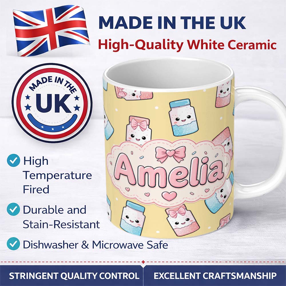 Personalized Custom Name Cute Kawaii Sugar Jar Bottles with Glitter Sprinkles Yellow 11oz Ceramic Coffee Tea Mug White Large Handle