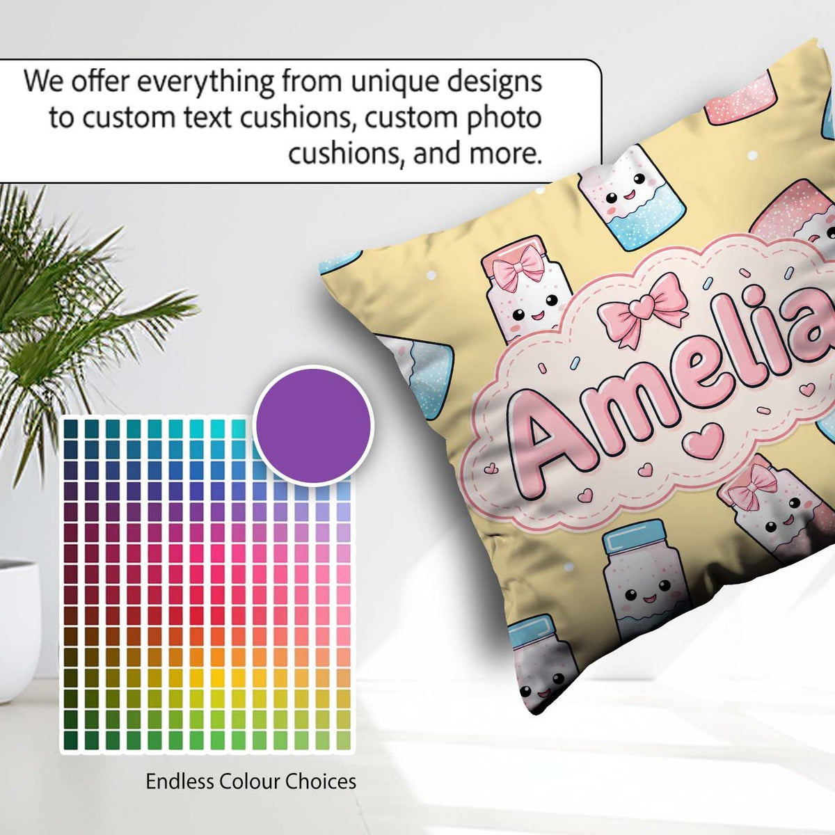 Custom Name Cute Kawaii Sugar Jar Bottles with Glitter Sprinkles Square Filled Cushion Throw Pillow Sofa Bed Home Decor Zip Washable UK Made