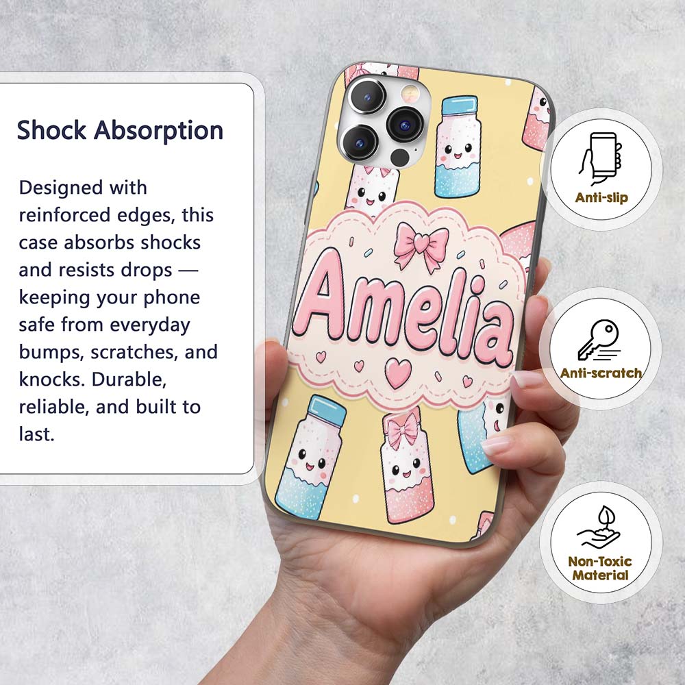 Cute Kawaii Sugar Jar Bottles with Printed Design Custom Name Protective Phone Case Mobile Cover Durable Everyday Smartphone Shock Resistant