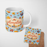 Personalized Custom Name Cute Vintage Teapot Floral Tea Cups Strawberry Garden Blue 11oz Ceramic Coffee Tea Mug White Large Handle