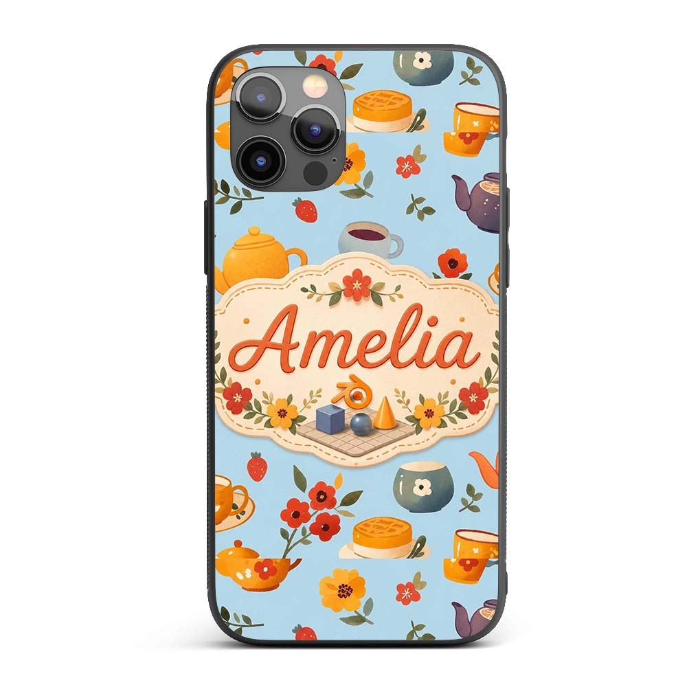 Cute Vintage Teapot Floral Tea Cups Strawberry Custom Name Protective Phone Case Mobile Cover Durable Everyday Smartphone Shock Resistant