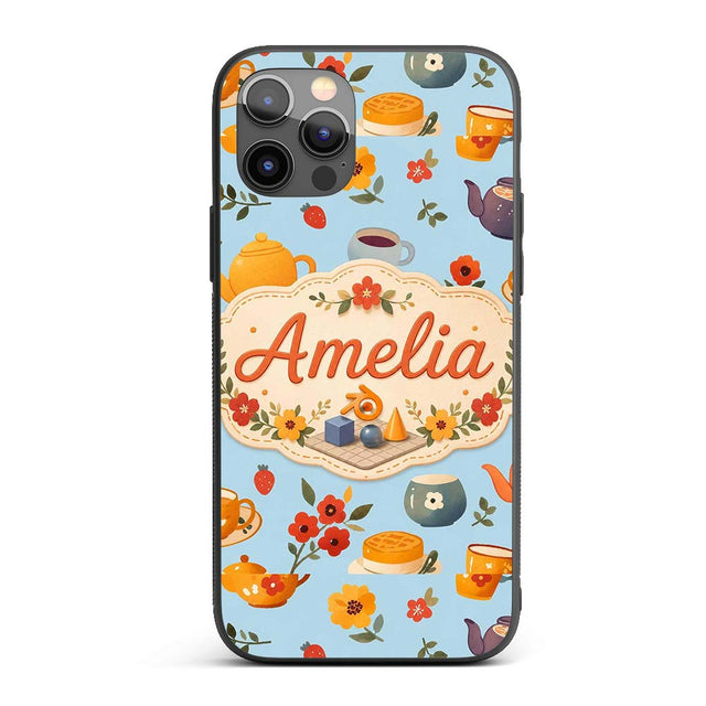 Cute Vintage Teapot Floral Tea Cups Strawberry Custom Name Protective Phone Case Mobile Cover Durable Everyday Smartphone Shock Resistant