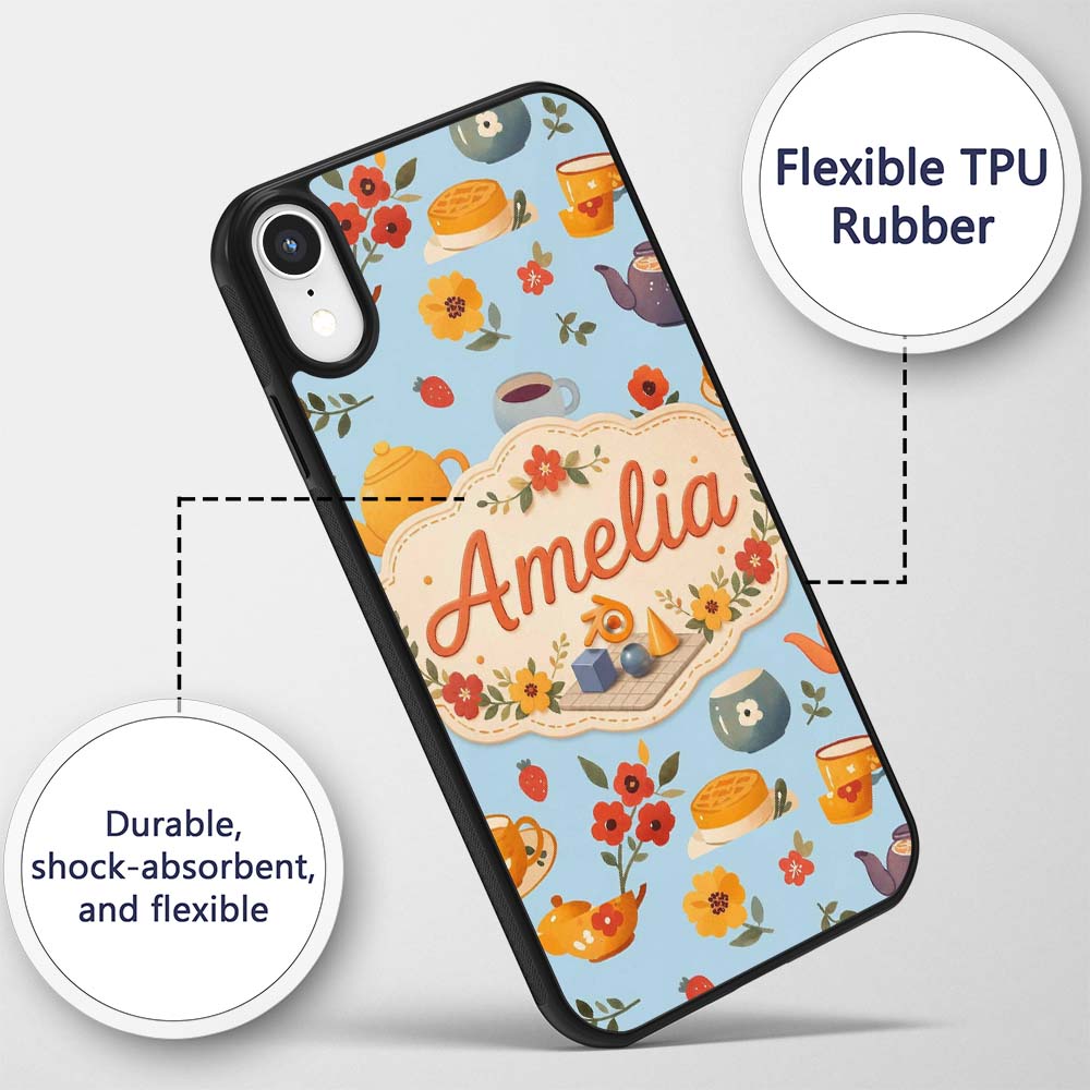 Cute Vintage Teapot Floral Tea Cups Strawberry Custom Name Protective Phone Case Mobile Cover Durable Everyday Smartphone Shock Resistant
