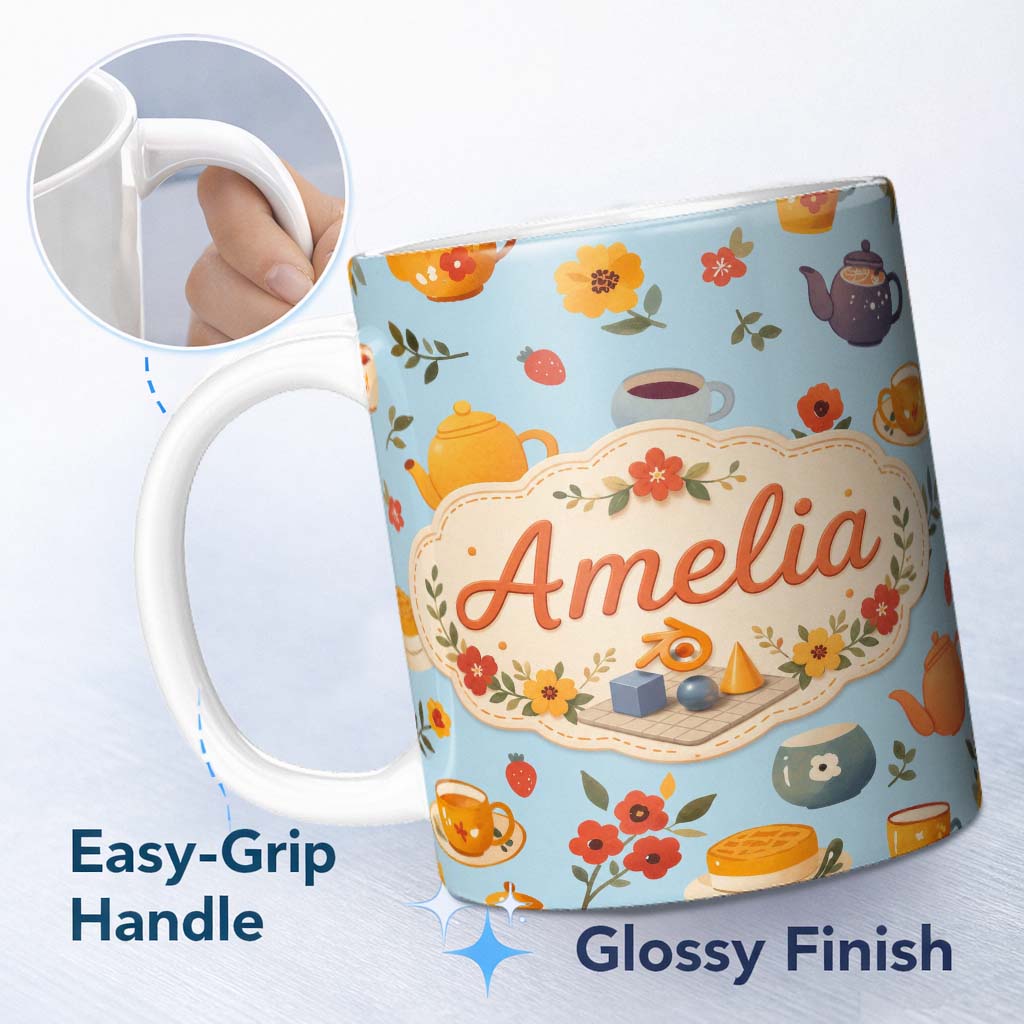 Personalized Custom Name Cute Vintage Teapot Floral Tea Cups Strawberry Garden Blue 11oz Ceramic Coffee Tea Mug White Large Handle