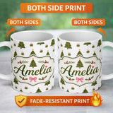 Personalized Custom Name Minimal Christmas Trees with Gifts and Stars Cute Seamless Pattern 11oz Ceramic Coffee Tea Mug White Large Handle