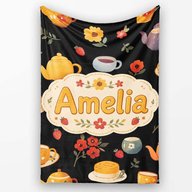 Cute Vintage Teapot Floral Tea Cups Strawberry Garden Black  Personalised Custom Name Super Soft Fleece Blanket Bed Sofa Throw