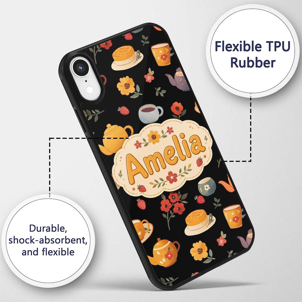 Cute Vintage Teapot Floral Tea Cups Strawberry Custom Name Protective Phone Case Mobile Cover Durable Everyday Smartphone Shock Resistant