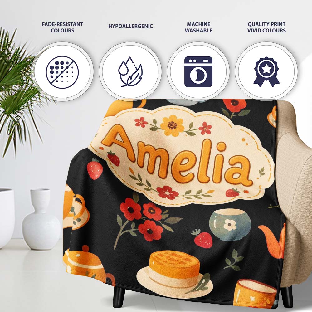 Cute Vintage Teapot Floral Tea Cups Strawberry Garden Black  Personalised Custom Name Super Soft Fleece Blanket Bed Sofa Throw