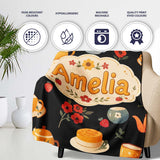 Cute Vintage Teapot Floral Tea Cups Strawberry Garden Black  Personalised Custom Name Super Soft Fleece Blanket Bed Sofa Throw