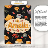 Cute Vintage Teapot Floral Tea Cups Strawberry Garden Black  Personalised Custom Name Super Soft Fleece Blanket Bed Sofa Throw