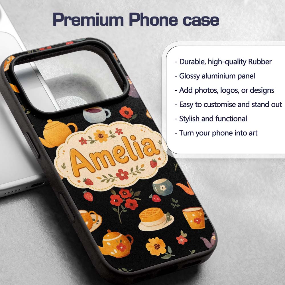 Cute Vintage Teapot Floral Tea Cups Strawberry Custom Name Protective Phone Case Mobile Cover Durable Everyday Smartphone Shock Resistant