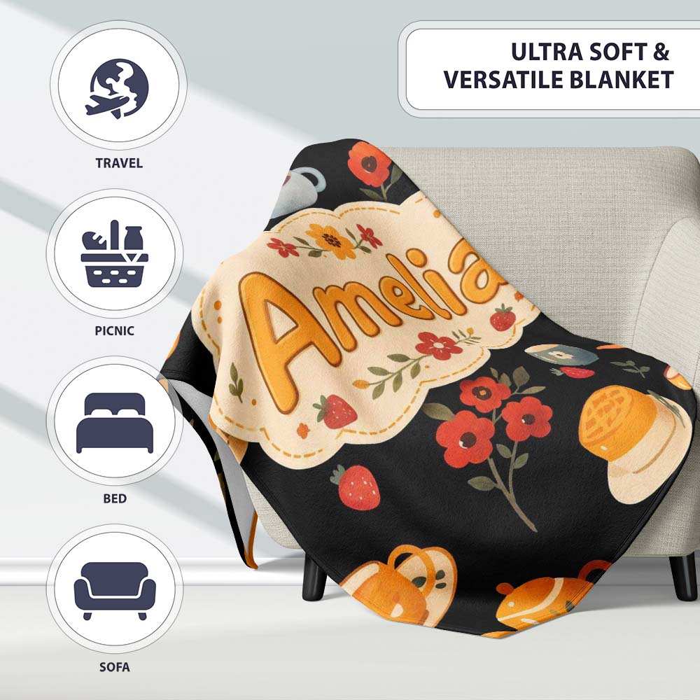 Cute Vintage Teapot Floral Tea Cups Strawberry Garden Black  Personalised Custom Name Super Soft Fleece Blanket Bed Sofa Throw