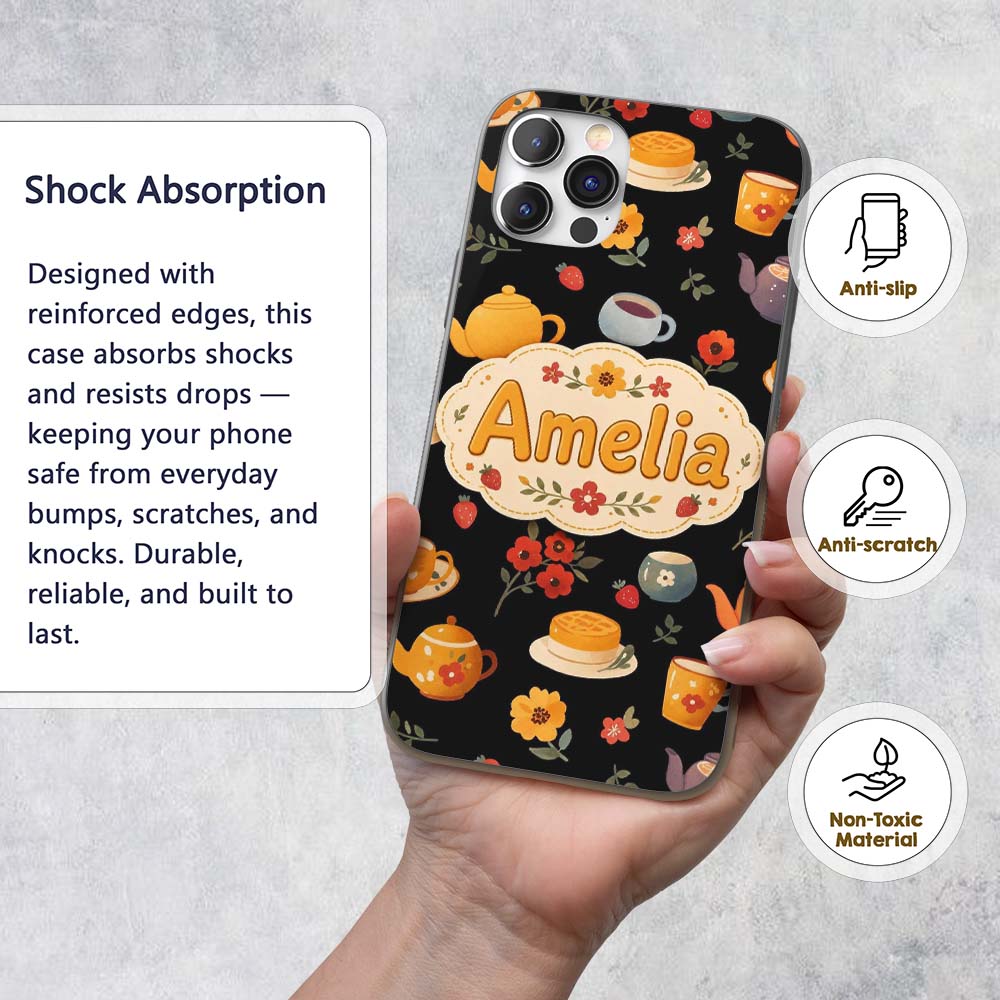 Cute Vintage Teapot Floral Tea Cups Strawberry Custom Name Protective Phone Case Mobile Cover Durable Everyday Smartphone Shock Resistant