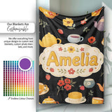 Cute Vintage Teapot Floral Tea Cups Strawberry Garden Black  Personalised Custom Name Super Soft Fleece Blanket Bed Sofa Throw