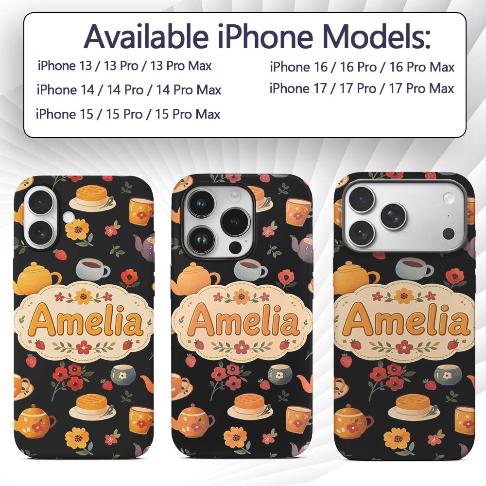 Cute Vintage Teapot Floral Tea Cups Strawberry Custom Name Protective Phone Case Mobile Cover Durable Everyday Smartphone Shock Resistant