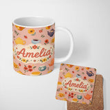 Personalized Custom Name Cute Vintage Teapot Floral Tea Cups Strawberry Garden Peach 11oz Ceramic Coffee Tea Mug White Large Handle