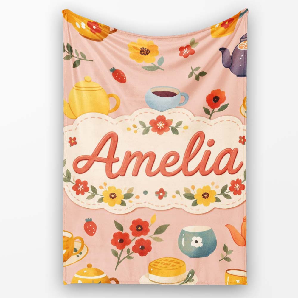 Cute Vintage Teapot Floral Tea Cups Strawberry Garden Peach  Personalised Custom Name Super Soft Fleece Blanket Bed Sofa Throw