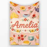 Cute Vintage Teapot Floral Tea Cups Strawberry Garden Peach  Personalised Custom Name Super Soft Fleece Blanket Bed Sofa Throw