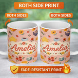 Personalized Custom Name Cute Vintage Teapot Floral Tea Cups Strawberry Garden Peach 11oz Ceramic Coffee Tea Mug White Large Handle