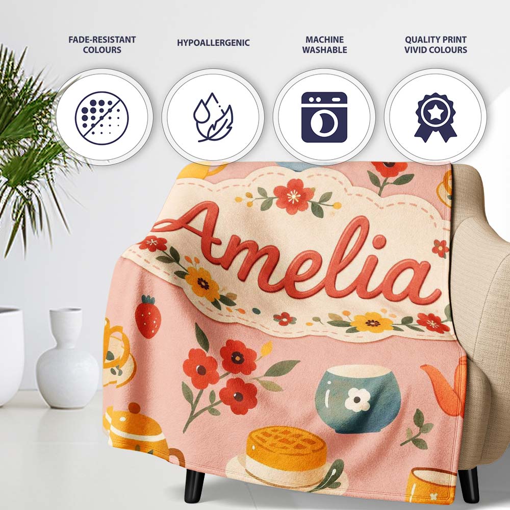 Cute Vintage Teapot Floral Tea Cups Strawberry Garden Peach  Personalised Custom Name Super Soft Fleece Blanket Bed Sofa Throw