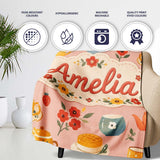 Cute Vintage Teapot Floral Tea Cups Strawberry Garden Peach  Personalised Custom Name Super Soft Fleece Blanket Bed Sofa Throw