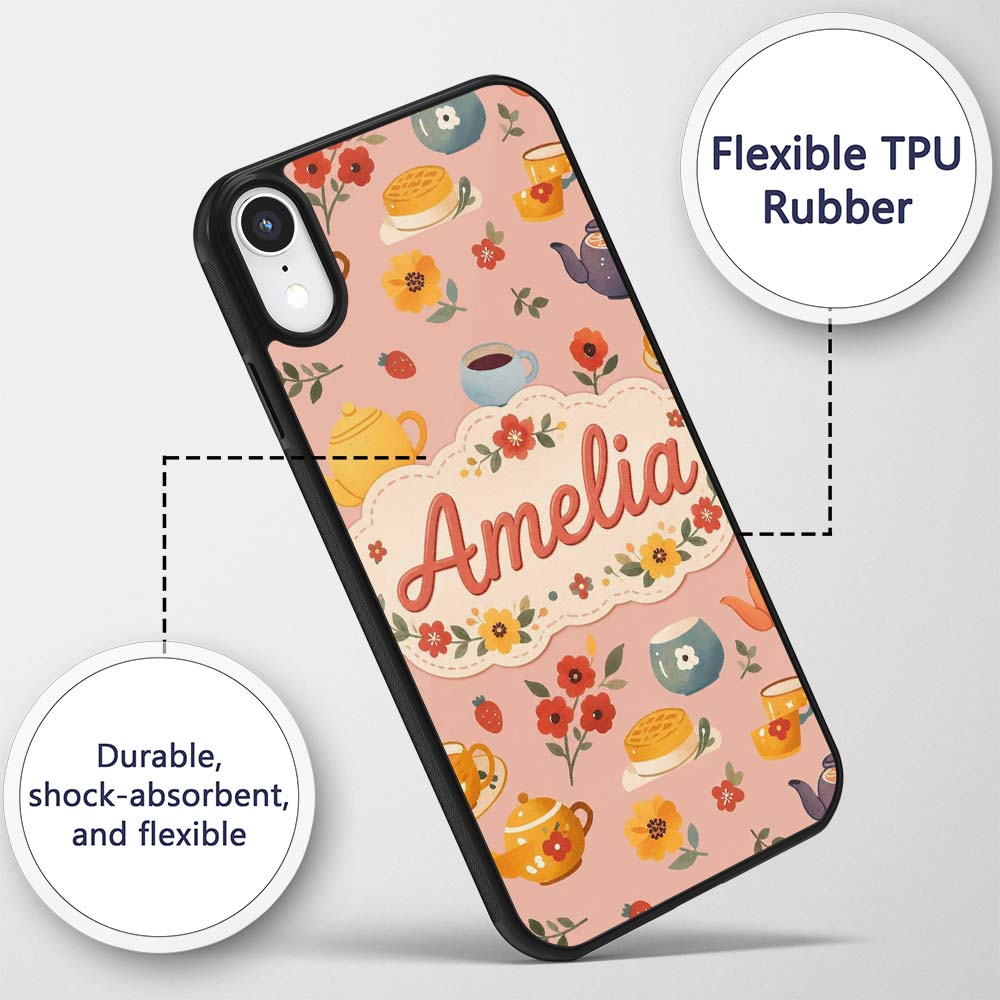 Cute Vintage Teapot Floral Tea Cups Strawberry Custom Name Protective Phone Case Mobile Cover Durable Everyday Smartphone Shock Resistant