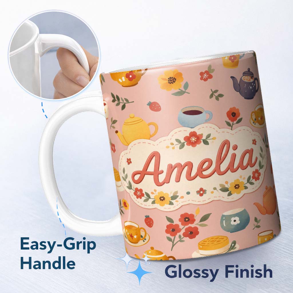 Personalized Custom Name Cute Vintage Teapot Floral Tea Cups Strawberry Garden Peach 11oz Ceramic Coffee Tea Mug White Large Handle