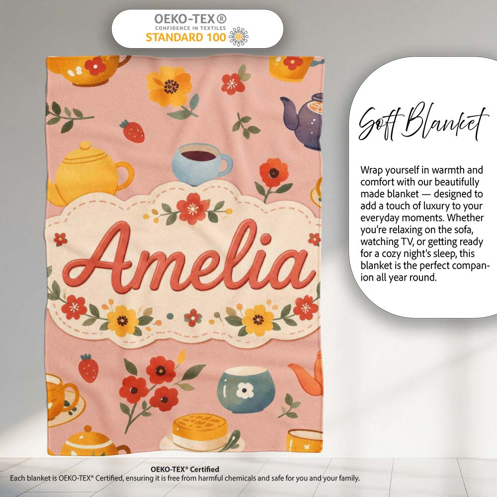 Cute Vintage Teapot Floral Tea Cups Strawberry Garden Peach  Personalised Custom Name Super Soft Fleece Blanket Bed Sofa Throw