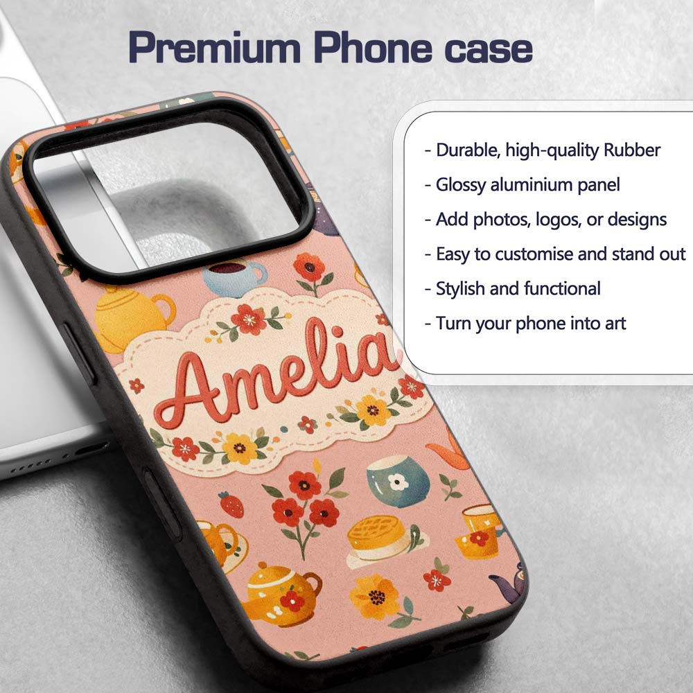 Cute Vintage Teapot Floral Tea Cups Strawberry Custom Name Protective Phone Case Mobile Cover Durable Everyday Smartphone Shock Resistant