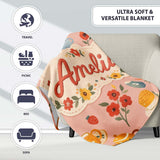 Cute Vintage Teapot Floral Tea Cups Strawberry Garden Peach  Personalised Custom Name Super Soft Fleece Blanket Bed Sofa Throw