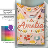 Cute Vintage Teapot Floral Tea Cups Strawberry Garden Peach  Personalised Custom Name Super Soft Fleece Blanket Bed Sofa Throw