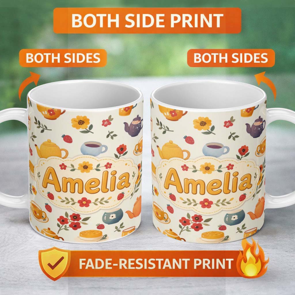 Personalized Custom Name Cute Vintage Teapot Floral Tea Cups Strawberry Garden Cream 11oz Ceramic Coffee Tea Mug White Large Handle