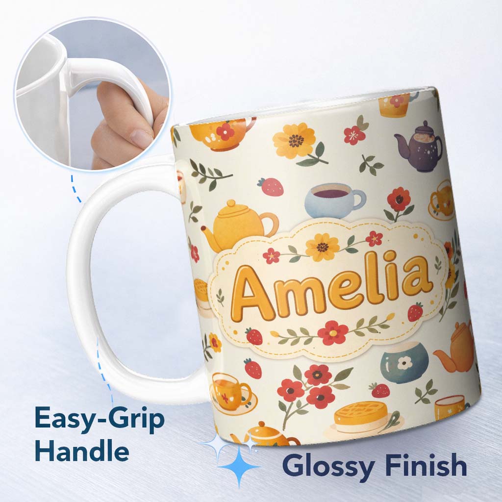 Personalized Custom Name Cute Vintage Teapot Floral Tea Cups Strawberry Garden Cream 11oz Ceramic Coffee Tea Mug White Large Handle