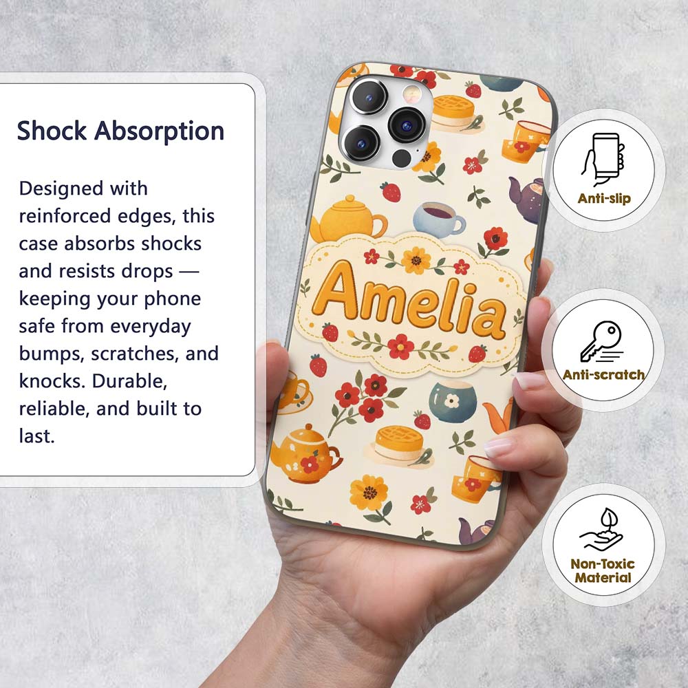 Cute Vintage Teapot Floral Tea Cups Strawberry Custom Name Protective Phone Case Mobile Cover Durable Everyday Smartphone Shock Resistant