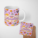 Personalized Custom Name Cute Vintage Teapot Floral Tea Cups Strawberry Garden Purple 11oz Ceramic Coffee Tea Mug White Large Handle